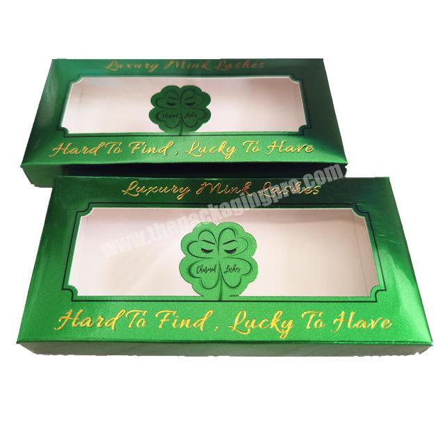 New Material Upgrade Design with Four Leaf Clover Shaped PVC Window Luxury Green Gold Shinny Gold Foil Logo Paper Eyelash Boxes