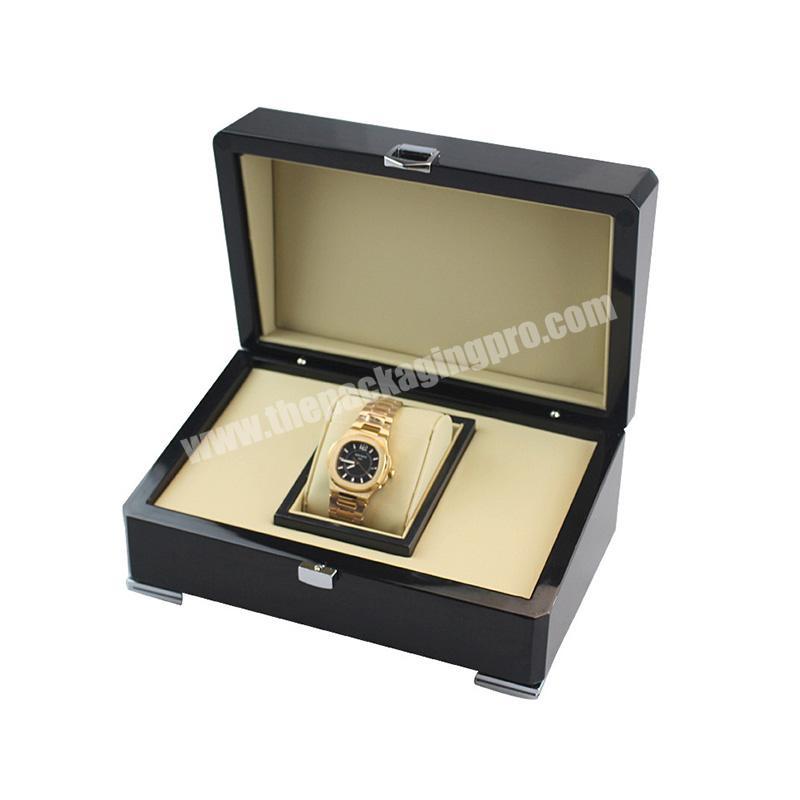 Black Single Watch Box Wooden Spray Paint With Foot Pads Watch PU Leather Silver Lock Box Trade Assurance Wood Packing Cadeau