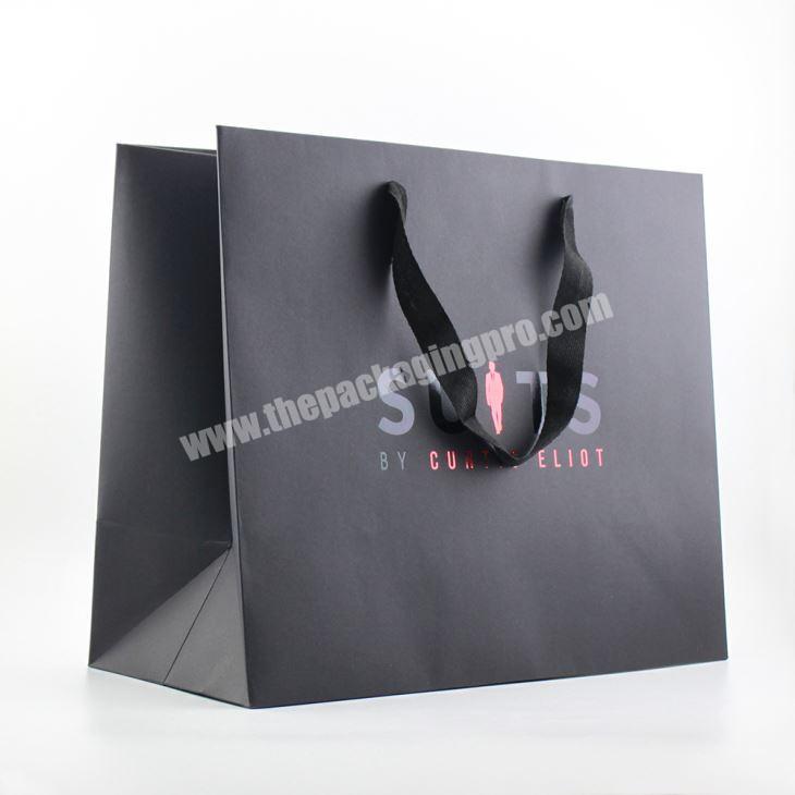 Custom printing brand logo matte black paper bag horizontal bags with ribbon handle