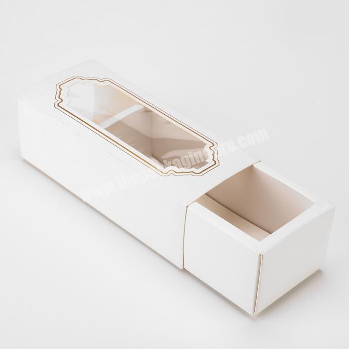 custom luxury rigid cardboard sliding gift box gold foil box paper box with pvc window for macaron