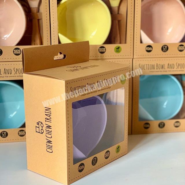 Biodegradable recycle kraft paper packaging box for baby suction bowl and spoon set with clear pvc window