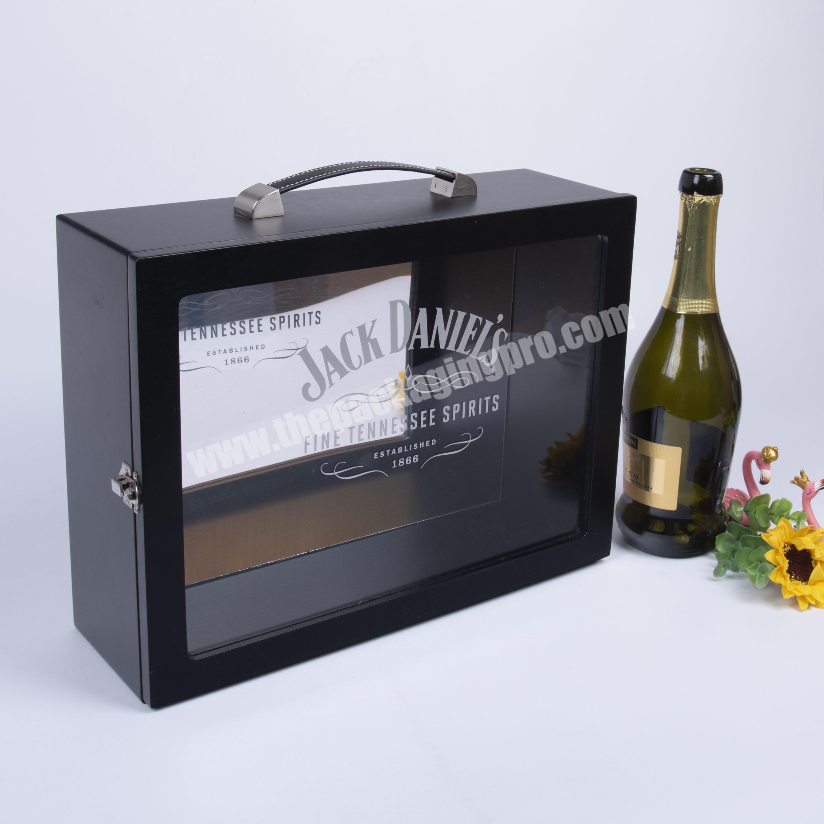 Customized Large 6 Bottle Packing Wooden Wine Box Clear Front With Handles