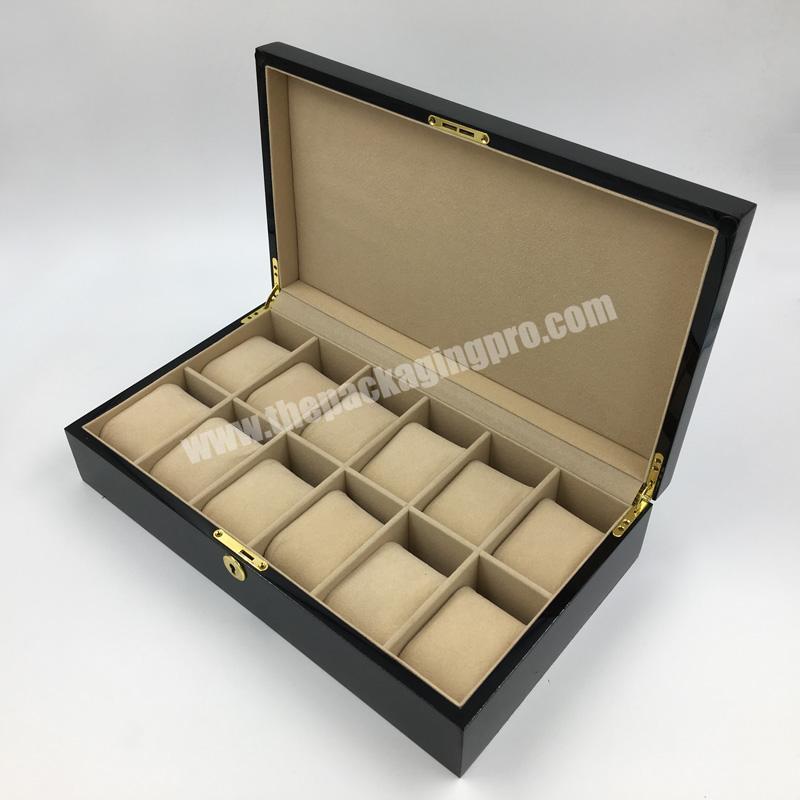 Luxury Black Lacquer 12 Slots Watch Organizer Wooden Watch Box With Key Lock
