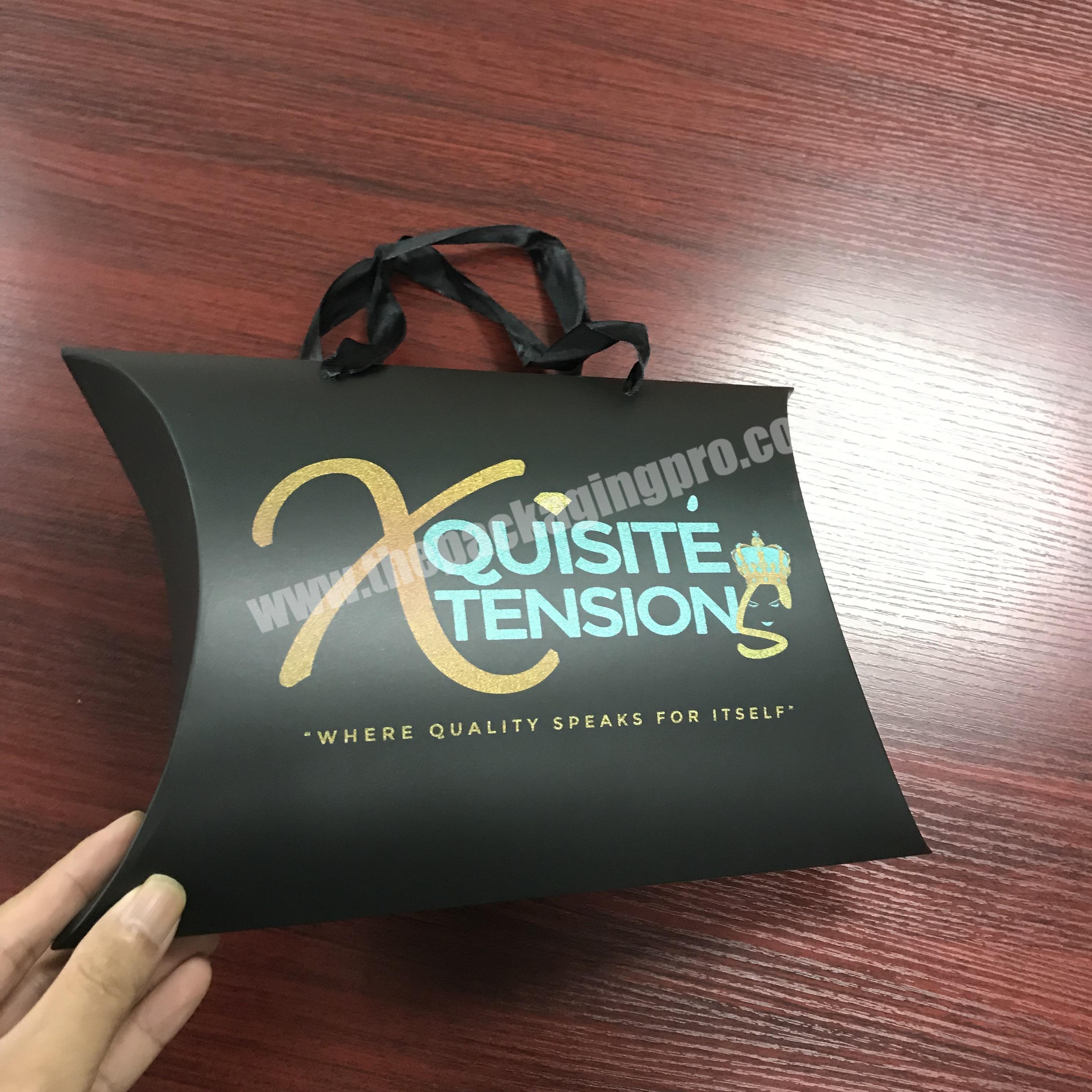 Custom logo black pillow box packaging with ribbon handle for hair bundles packaging