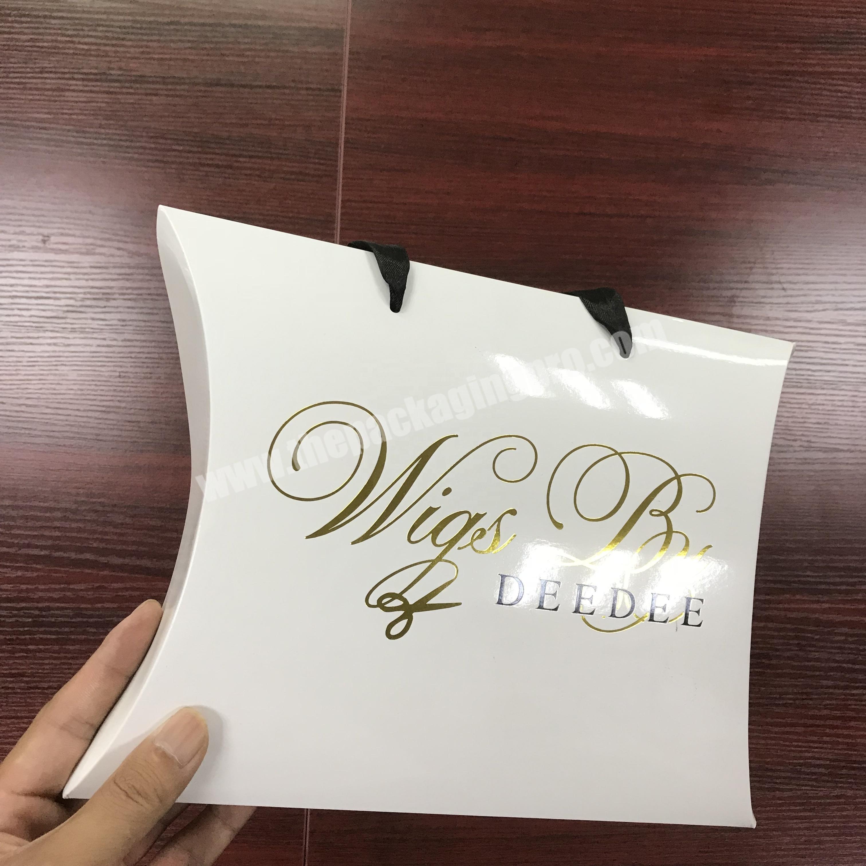 Custom printing logo brand virgin hair bow extensions wigs pillow packages box with gold foil hot stamping