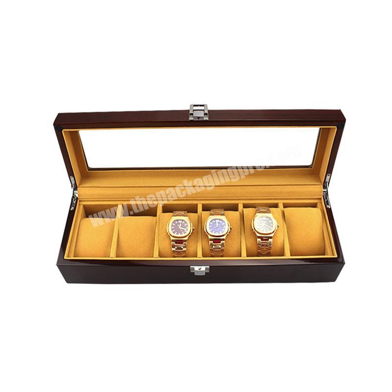 Custom Long 6 Slots Brown Watch Presentation Wooden Box With Clear Window