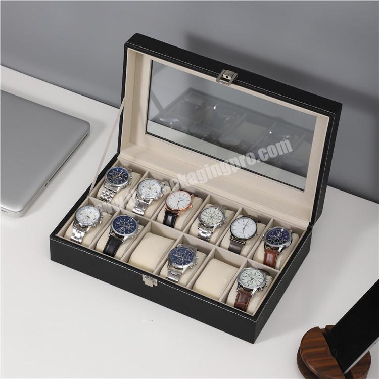 Fashion luxury 12 slots watch boxes cases PU leather custom watch box with transparent cover