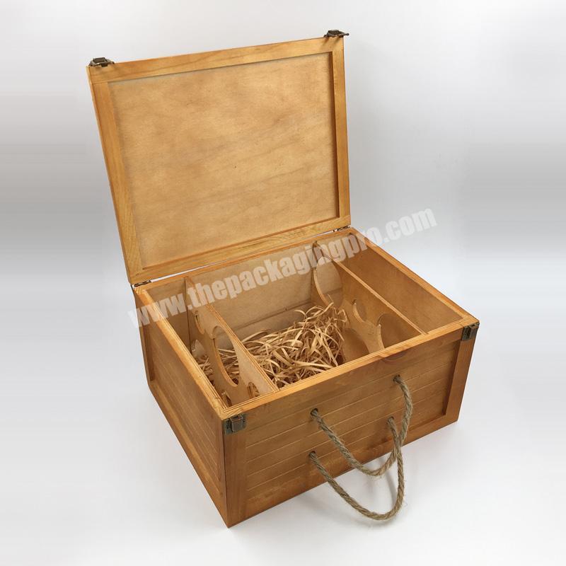 Unfinished Handmade Beer Wooden Wine Storage Crate Box Wine 6 Bottles Wood Box With Handle