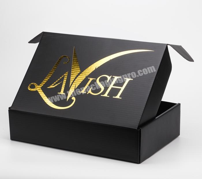 Customized Clothing Packaging Matte Black Superflat Shipping Maier Box with Gold Foil Printing Custom Logo