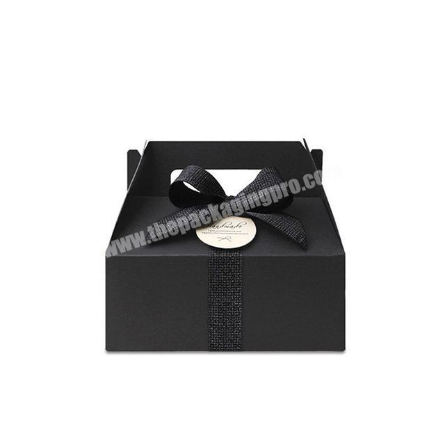 Art paper black color gable gift box with ribbon and label sealing