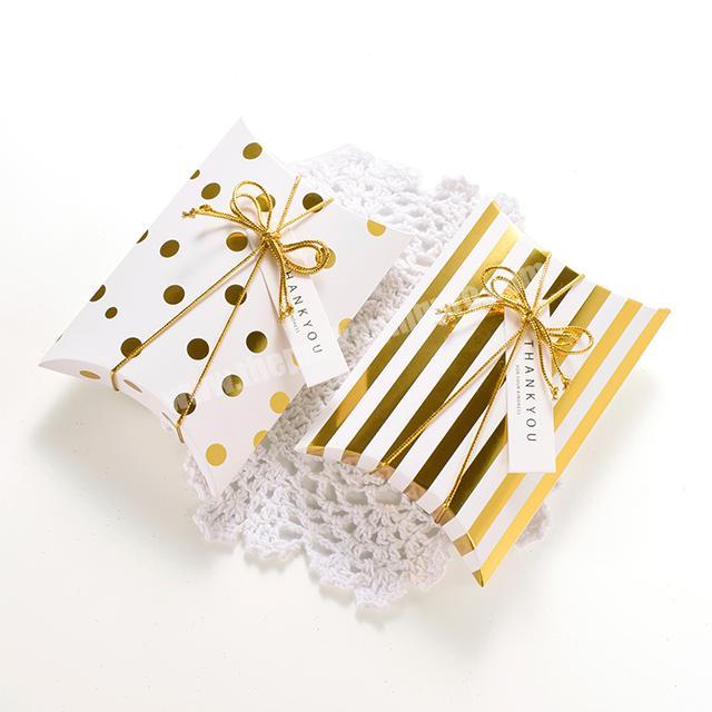 Gold foil Pillow Box Kraft Paper Chocolate Gift Treat Box with ribbon bow Xmas Gift Boxes for Wedding candy packaging