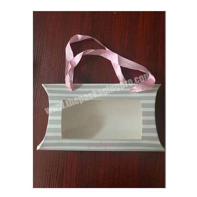 customize printing paper box with PVC window pillow box with pink ribbon handle for gift packaging scarves box
