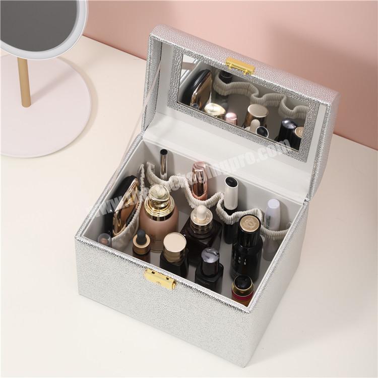 Wholesale professional high-capacity PU leather mirror makeup storage box cosmetic case