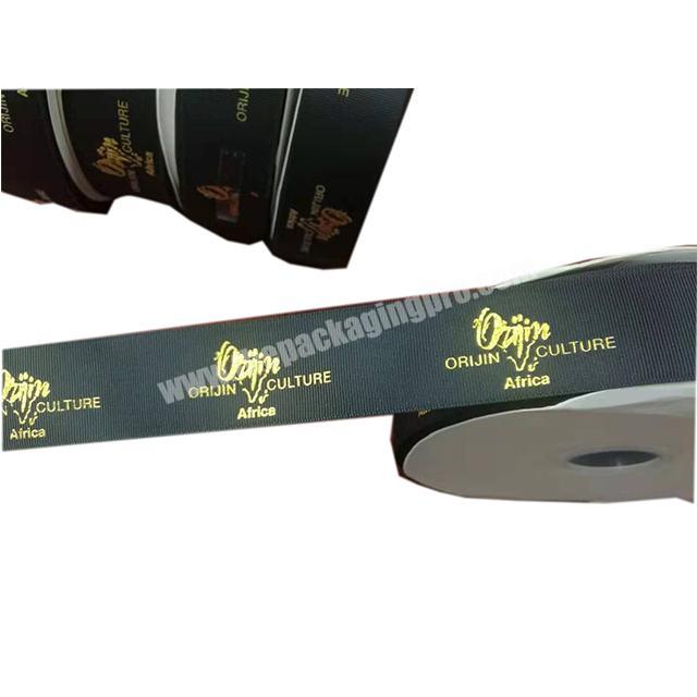 Custom Gold Foil Printed Logo Into Black Satin grosgrain Ribbon for DIY gift packaging