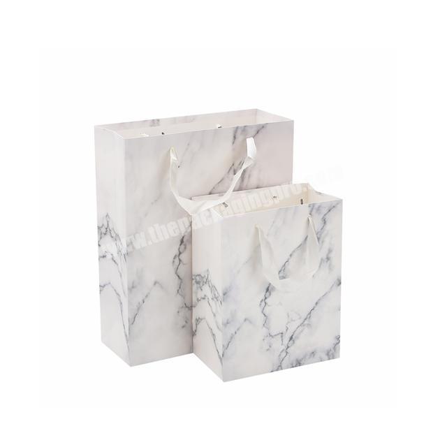 Manufacture Printing white glossy marble gift bags Elegant fashionable paper bags with ribbon