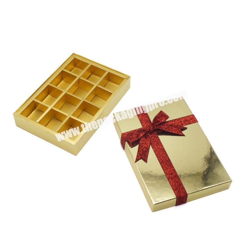 China competitive price wholesale Personalized Gold gloss paper board Custom Chocolate Packaging Box with Red ribbon