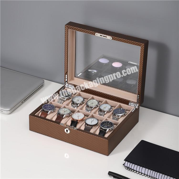 Hight quality Mens luxury 10 Slot custom logo transparent glass leather watch box for sale