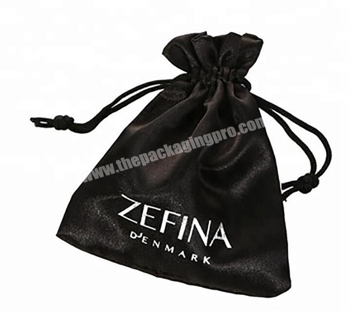 Black custom large drawstring satin bag with logo printed