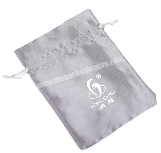 latest trend black satin drawstring bag with logo hot stamping in silver