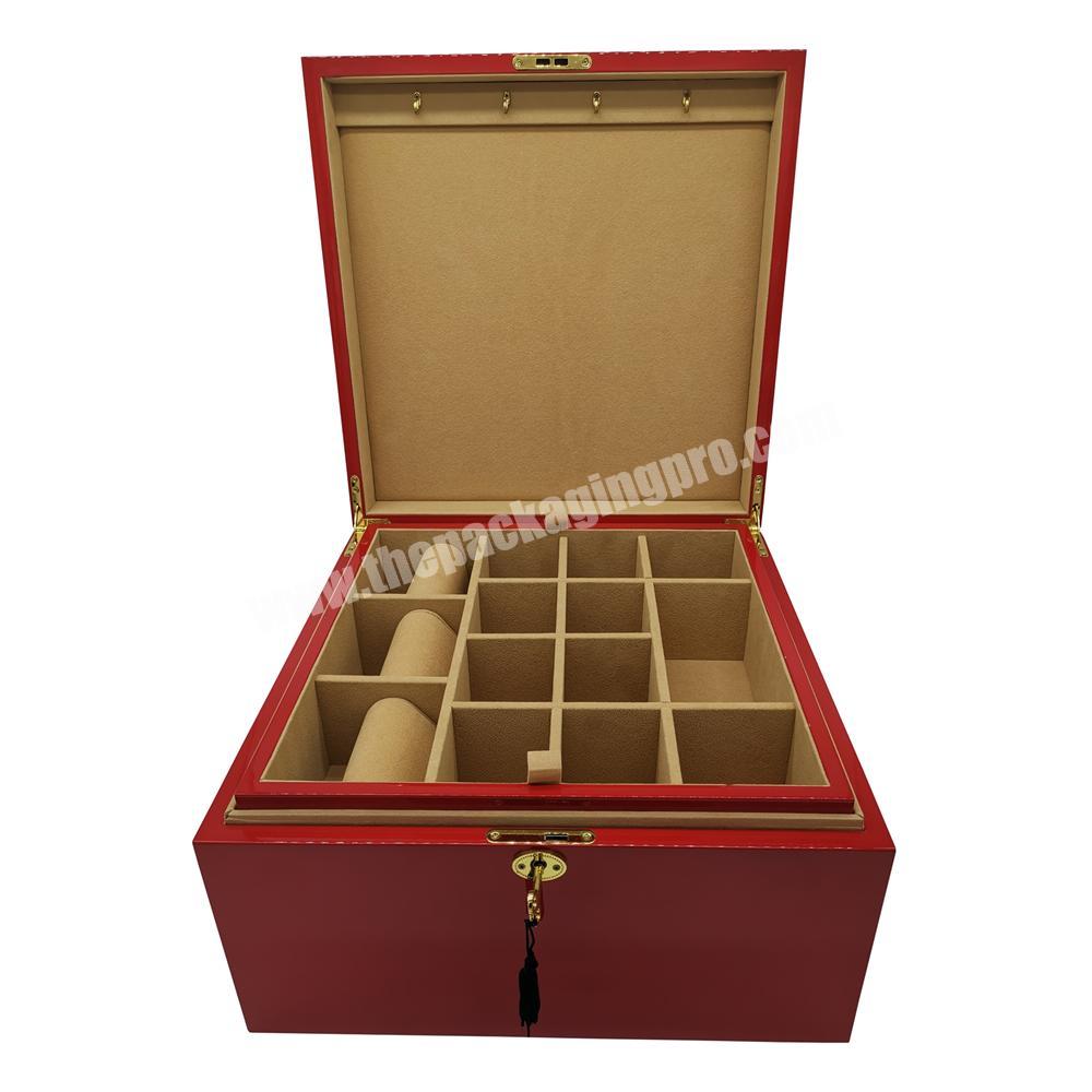 Big Red Glossy Lacquered MDF Wooden Storage Packaging Box With Two Trays For Jewelries