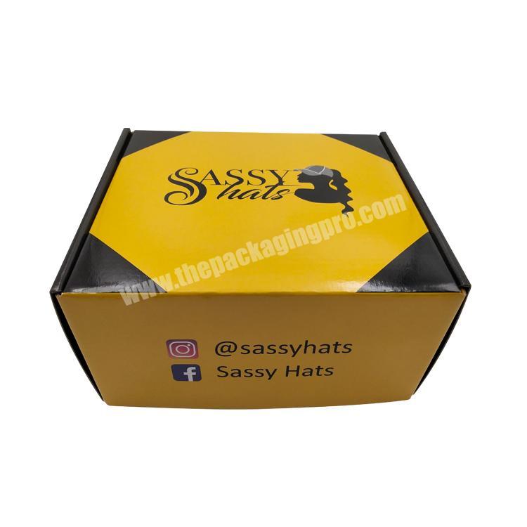 Custom glossy yellow cardboard mailing corrugated mailer box garment hat shipping boxes for hats human hair extension
