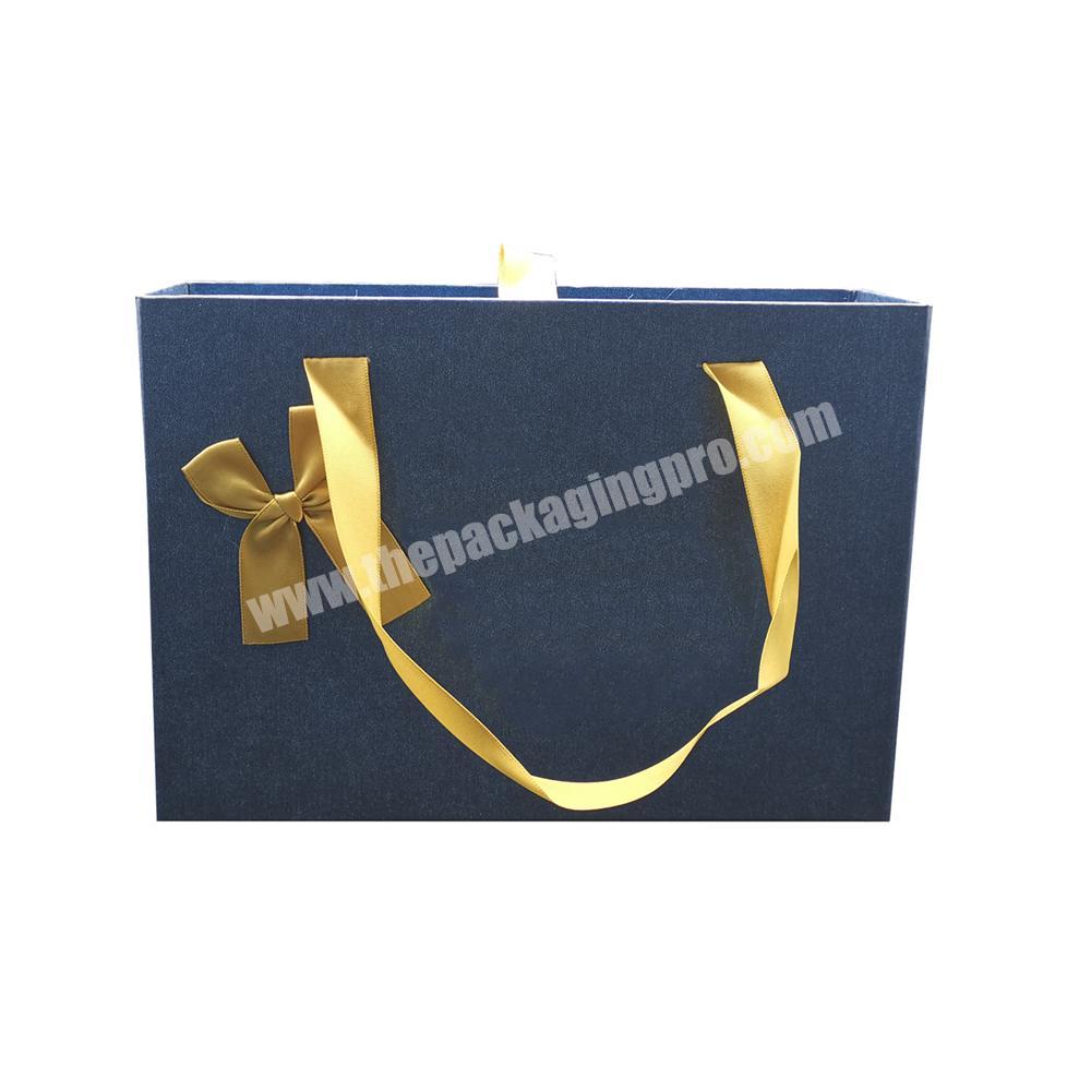 Blue Rigid Cardboard Paper Gift Packaging Box With Golden Ribbons