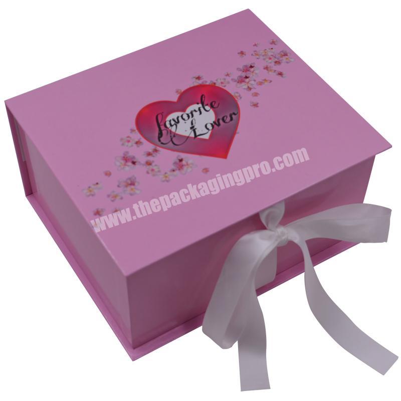 Custom cardboard pink magnetic gift box packing with ribbon