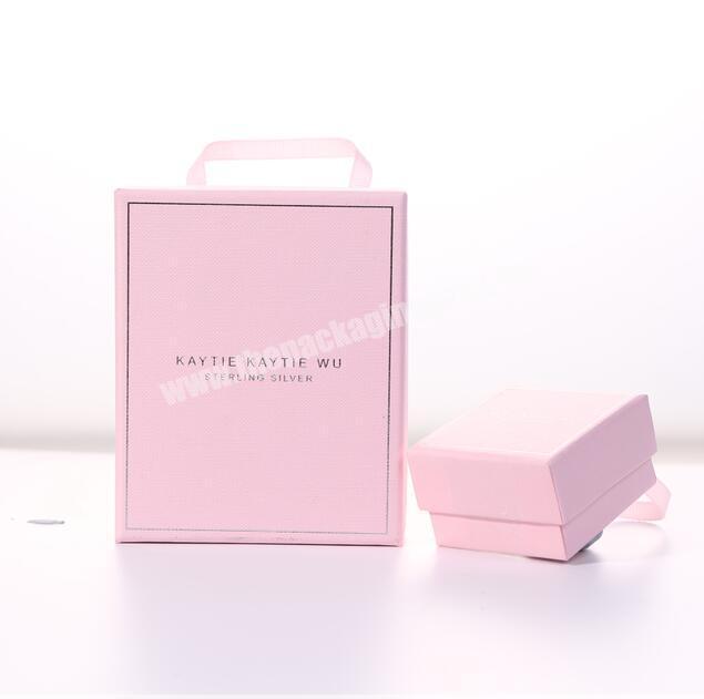 small pink cardboard jewelry packaging boxes with logo ribbon