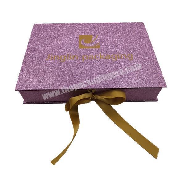 Custom Logo Shiny Magnetic Flip Top Collapsible Glitter Paper For Empty Gift Box Macaron Packaging With Ribbon&Satin Silk Insert