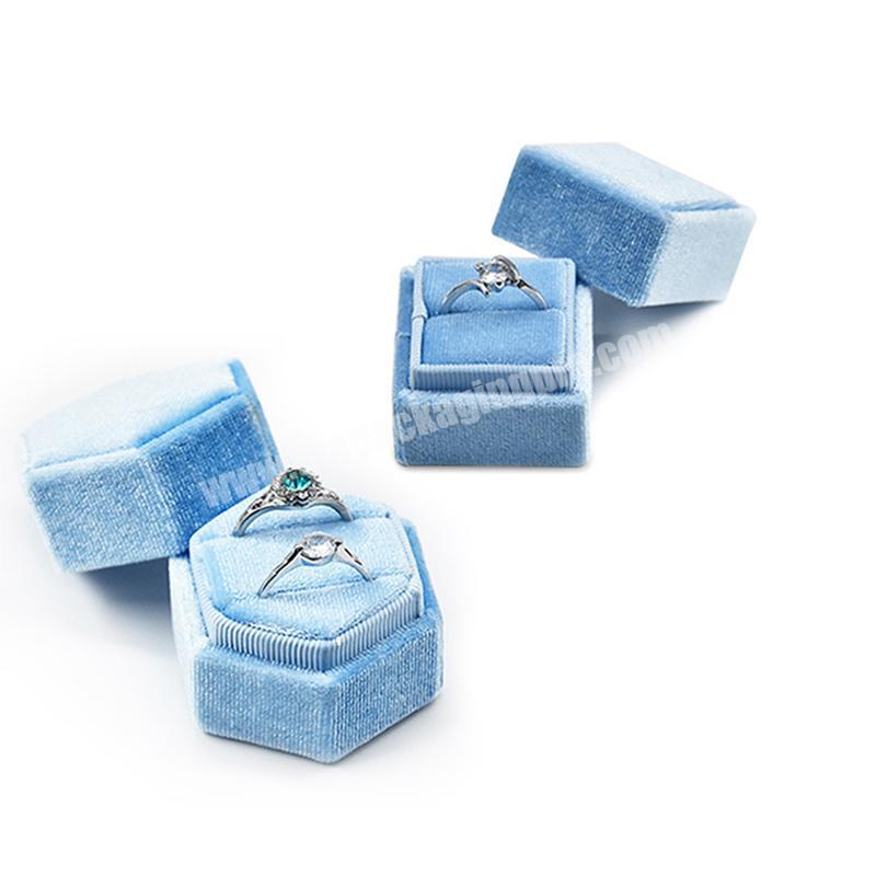 Wholesale elegant custom logo blue high quality double velvet ring box