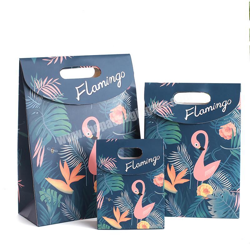 Birthday festival gift packaging bag flamingo paper gift bag with punch hole handle
