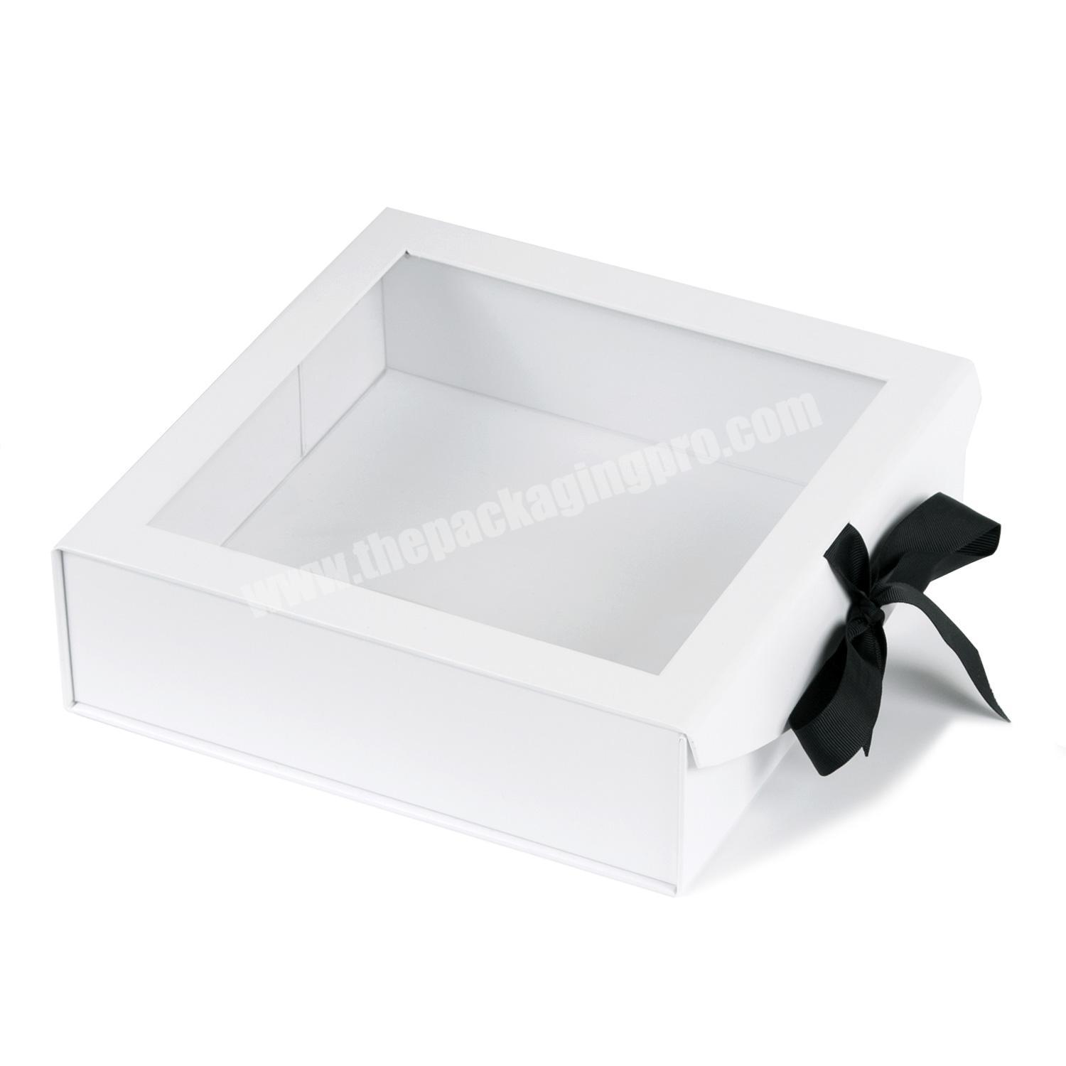 Luxury Plain White Gift Box Packaging, Ribbon Closure Magnetic Folding Box with Clear Window
