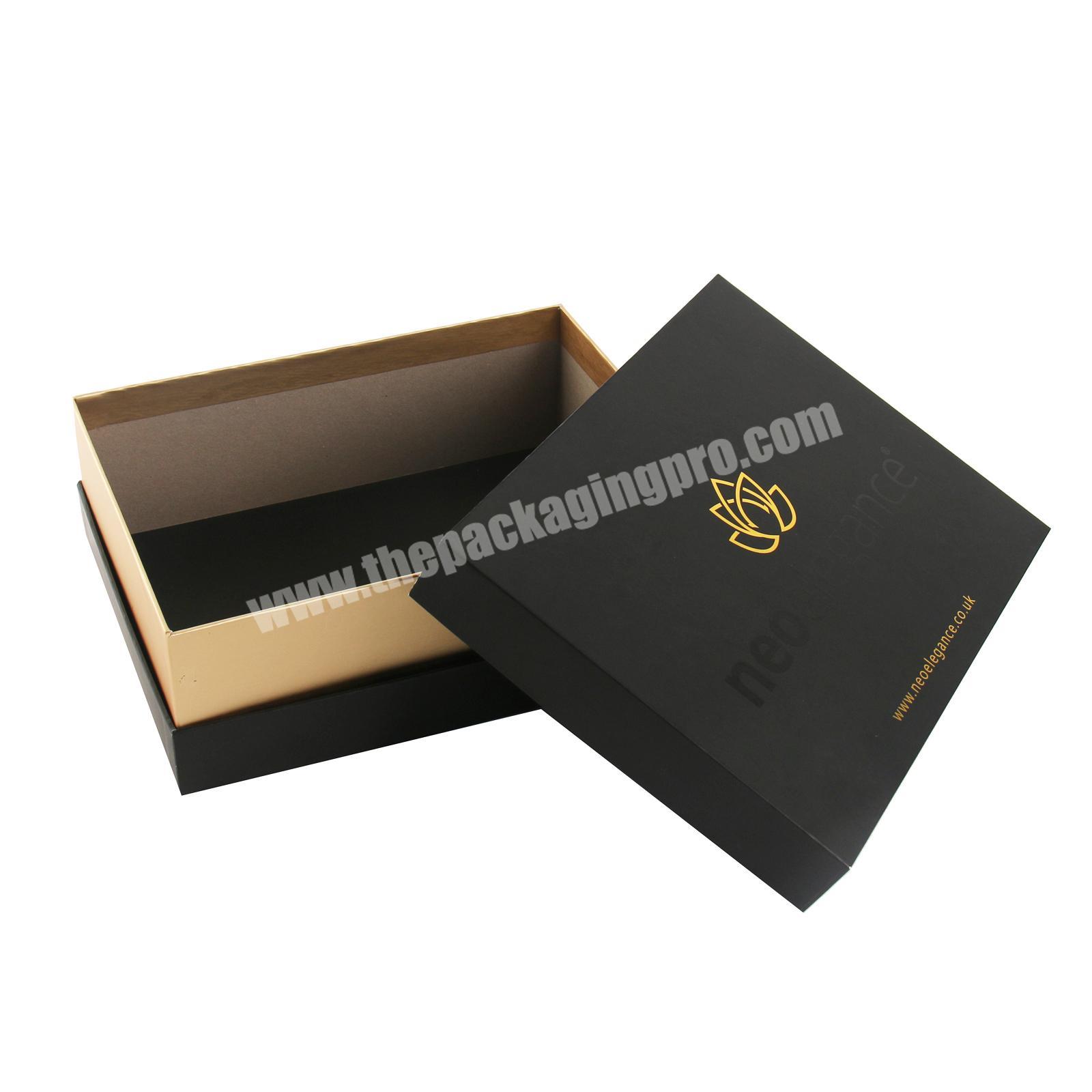 Custom Black Lid and Base Gift Box Luxury Recycled Materials Feature Rigid Cardboard Paper Stamping Printed Boxes Gold UV Coated