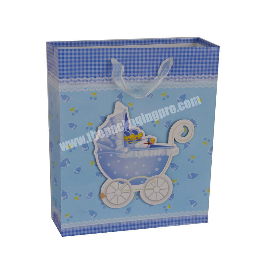 Unique Design Double Handle Embossing Blue Pram Paper Gift Bag For Baby