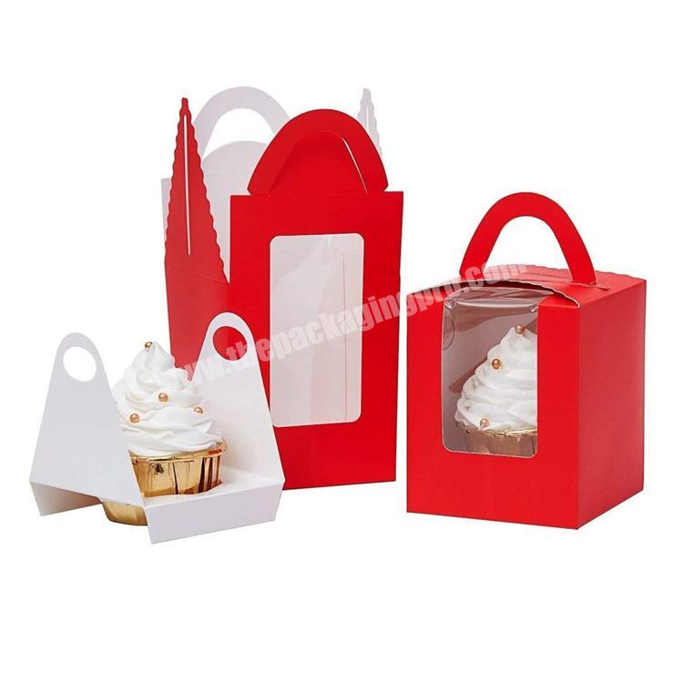 wholesale RED paper single cup cake box handle and window mini single cake box