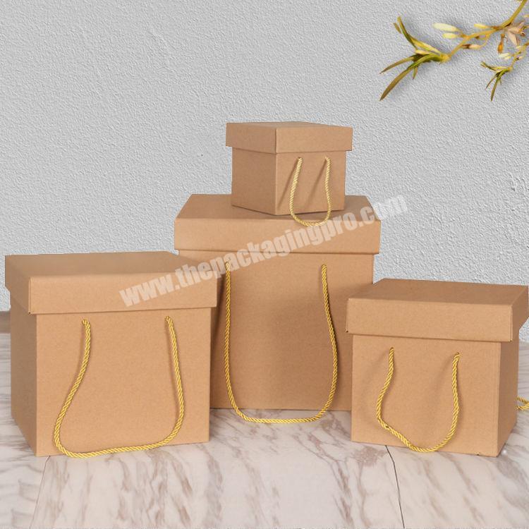 Wholesale Handmade Square Biodegradable Brown Kraft Lid and Base Storage Gift Box with Twisted String Handle