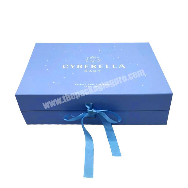 Custom Logo Empty Large Blue Magnetic Cardboard Paper Box Shipping Gift Boxes Clothes Folding Box With Bow