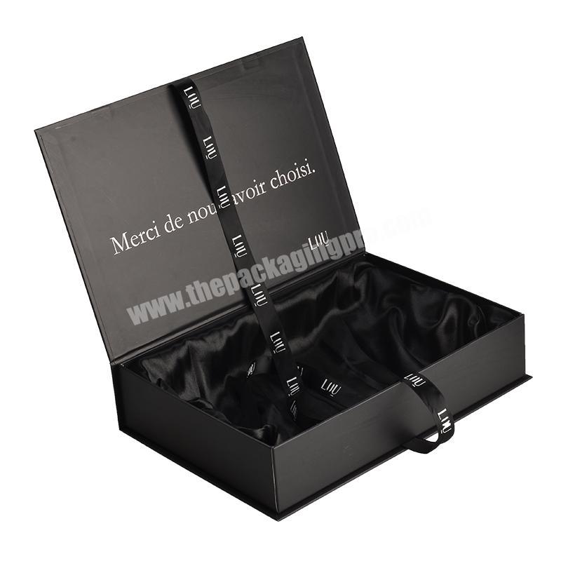 Customized Luxury Black Cardboard Packaging Magnetic Satin Insert Silk Lining Gift Box With Ribbon Closure