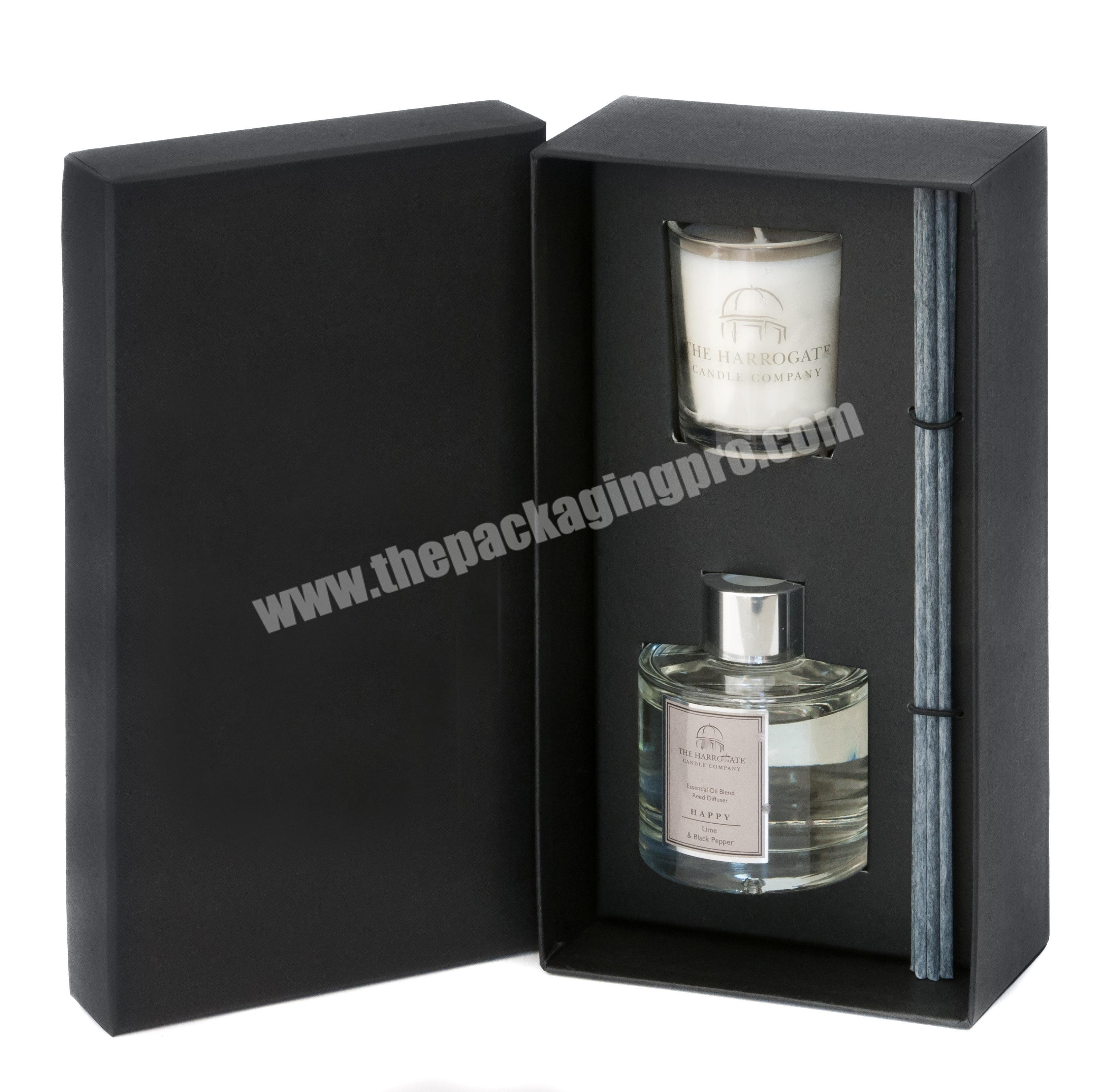 Luxury Rigid Clamshell Matte Black Candle Box Packaging, Reed Diffuser and Candle Gift Box Set