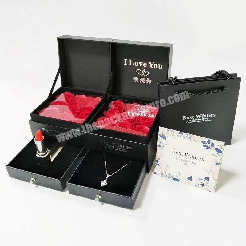 Luxury Custom Silver Stamping Cardboard Jewelry Packaging Valentine Gift Set Box with Roses