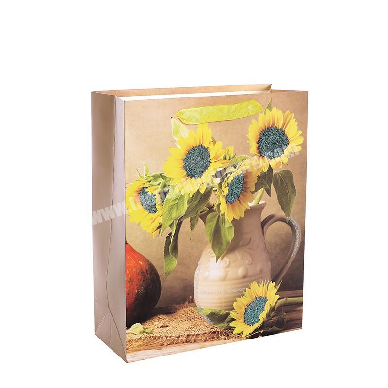 High Quality Eco-Friendly Sunflower Glossy Gift Square Paper Shopping Bags With Logo Printing