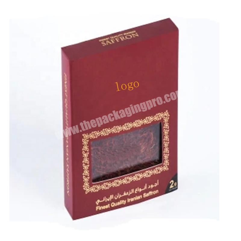 Luxury custom printing logo transparent pvc window paper gift saffron packaging box
