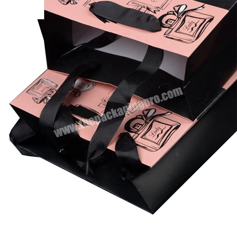 Custom Private Label Pink And Black Gradient Festival Gift Paper Bag With Ribbon Closure