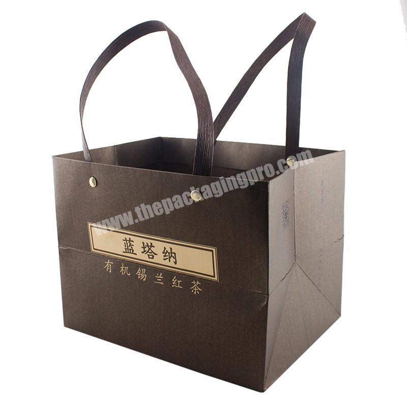 Customized Black Tea Riveted Flat Handle Kraft Paper Gift Packaging Bag