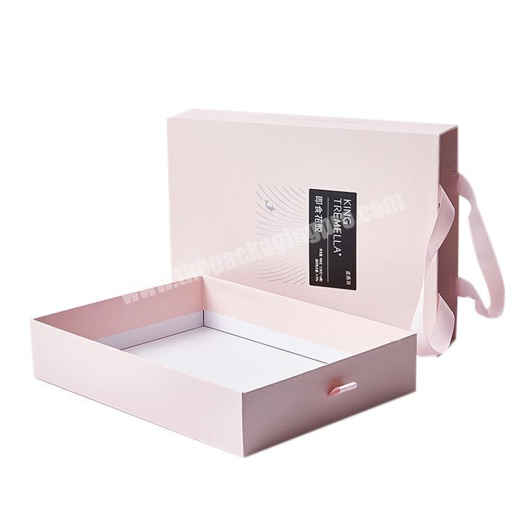 Customized logo gift paper drawer ribbon pull out box pink ,bag box paper with handle