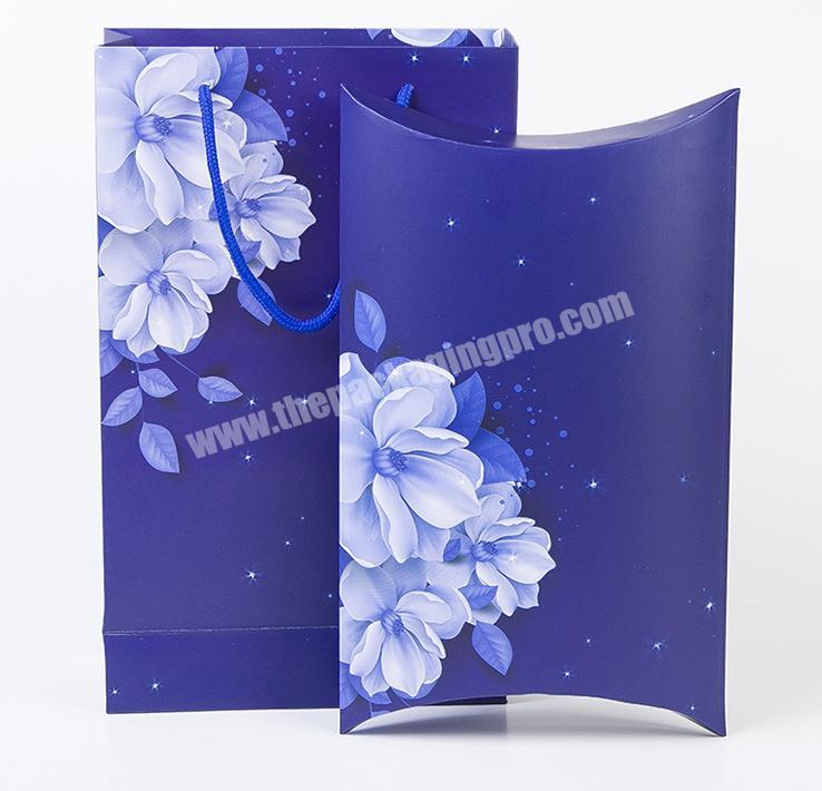 Manufacturer Customized Blue Color Pillow Folded Paper Packaging Box Matching Paper Bag