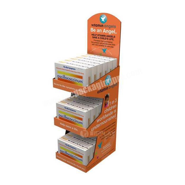3 shelves rigid cardboard display stand for retail pharmacy products
