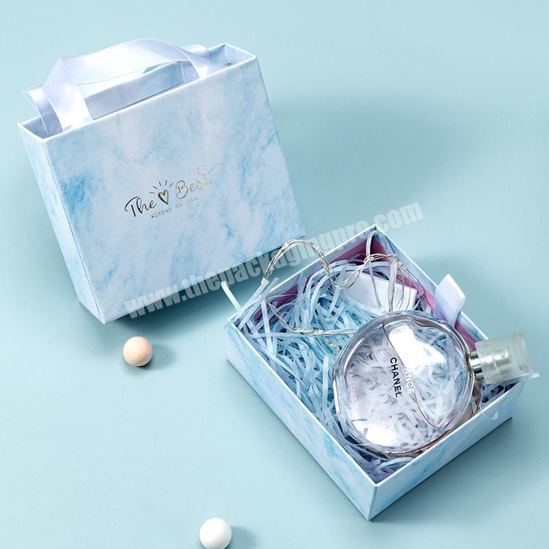 China Supplier New products Custom Logo Top Lid Blue Marble Gift Box with Bag Gold Stamping Packaging Box