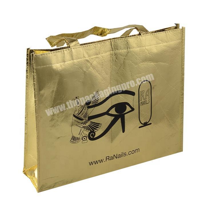 China Supplier custom printing gold metallic non woven garment shopping tote bag reusable shopping bags