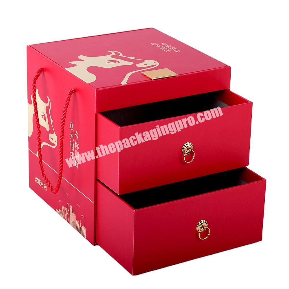 Luxury customized red double layer drawer gift box packaging with custom golden logo